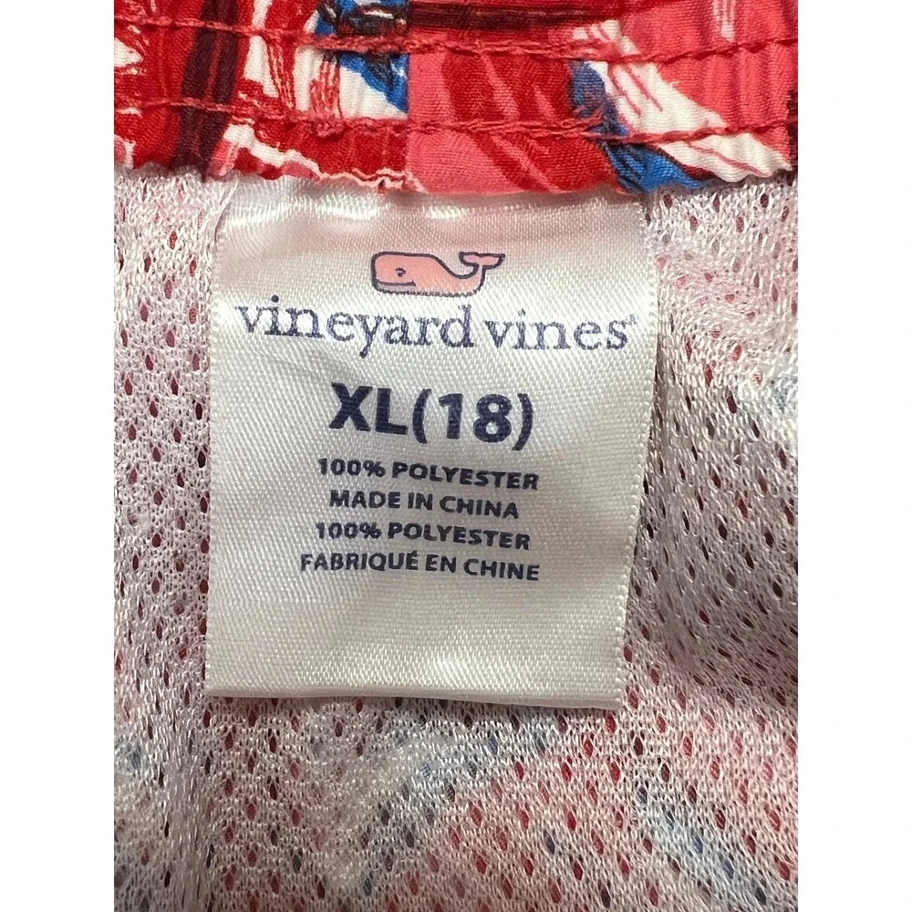 Vineyard Vines Swim Trunks Boys XL 18 Red Shark Tropical Print Board Shorts Mesh